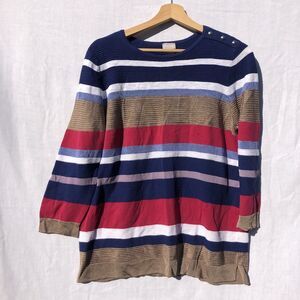 Chico's Size 2 Blue Pink White Beige Knit Top Shirt Cotton Blend 3/4 Sleeve